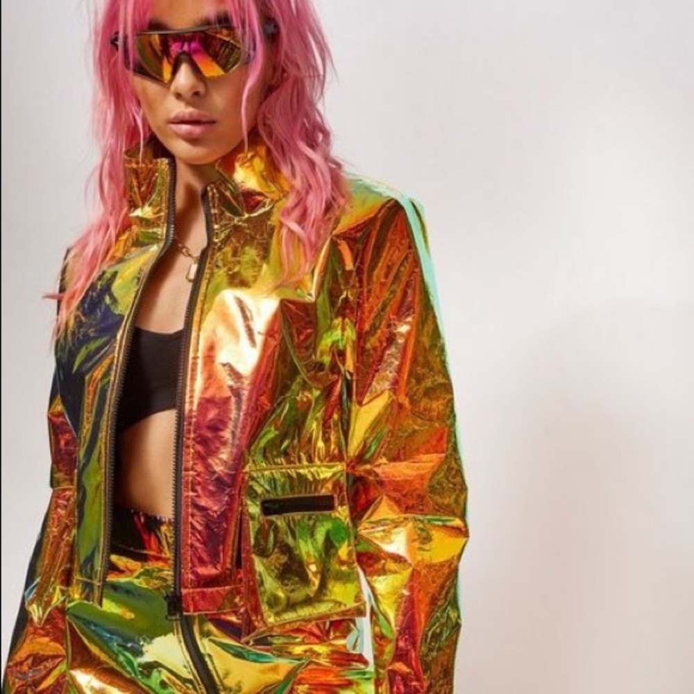 Jaded London Holographic Copper Crinkle Foil Crop Jacket with Pockets